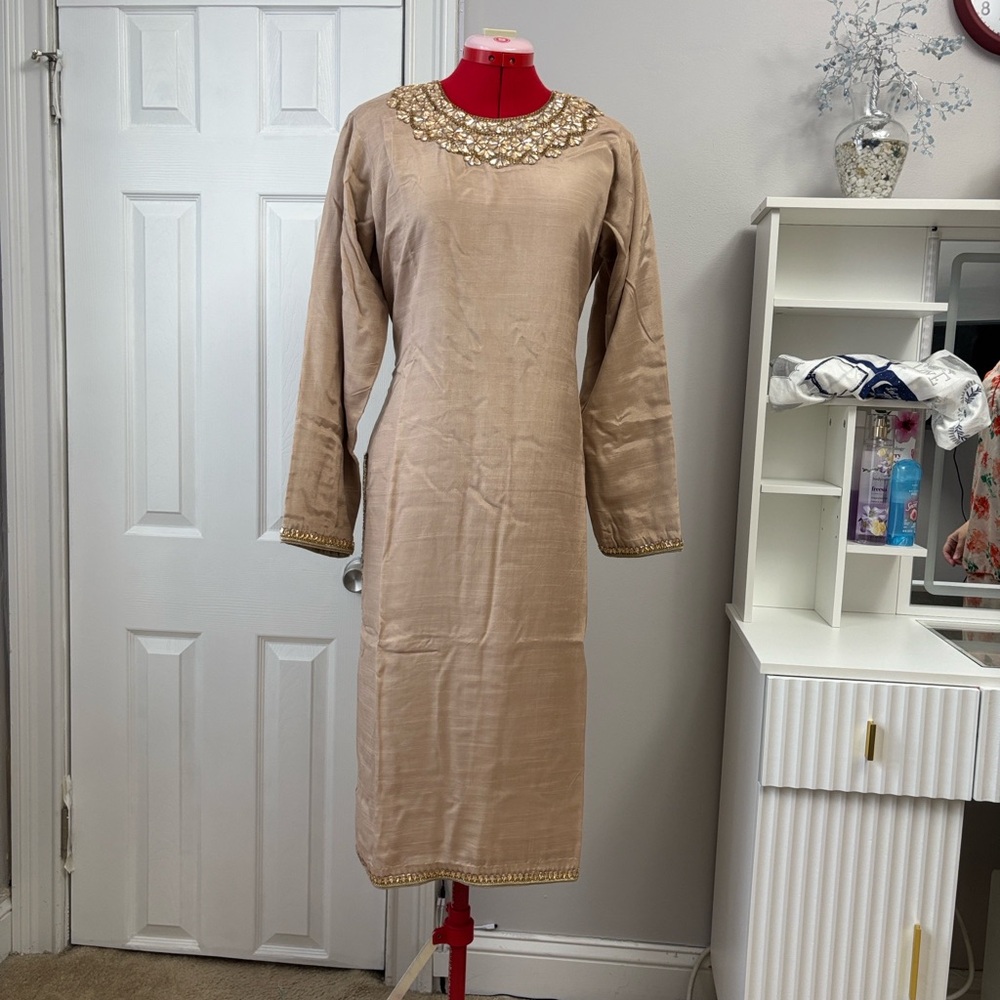 Classic Embellished Neck Beige Women's Dress